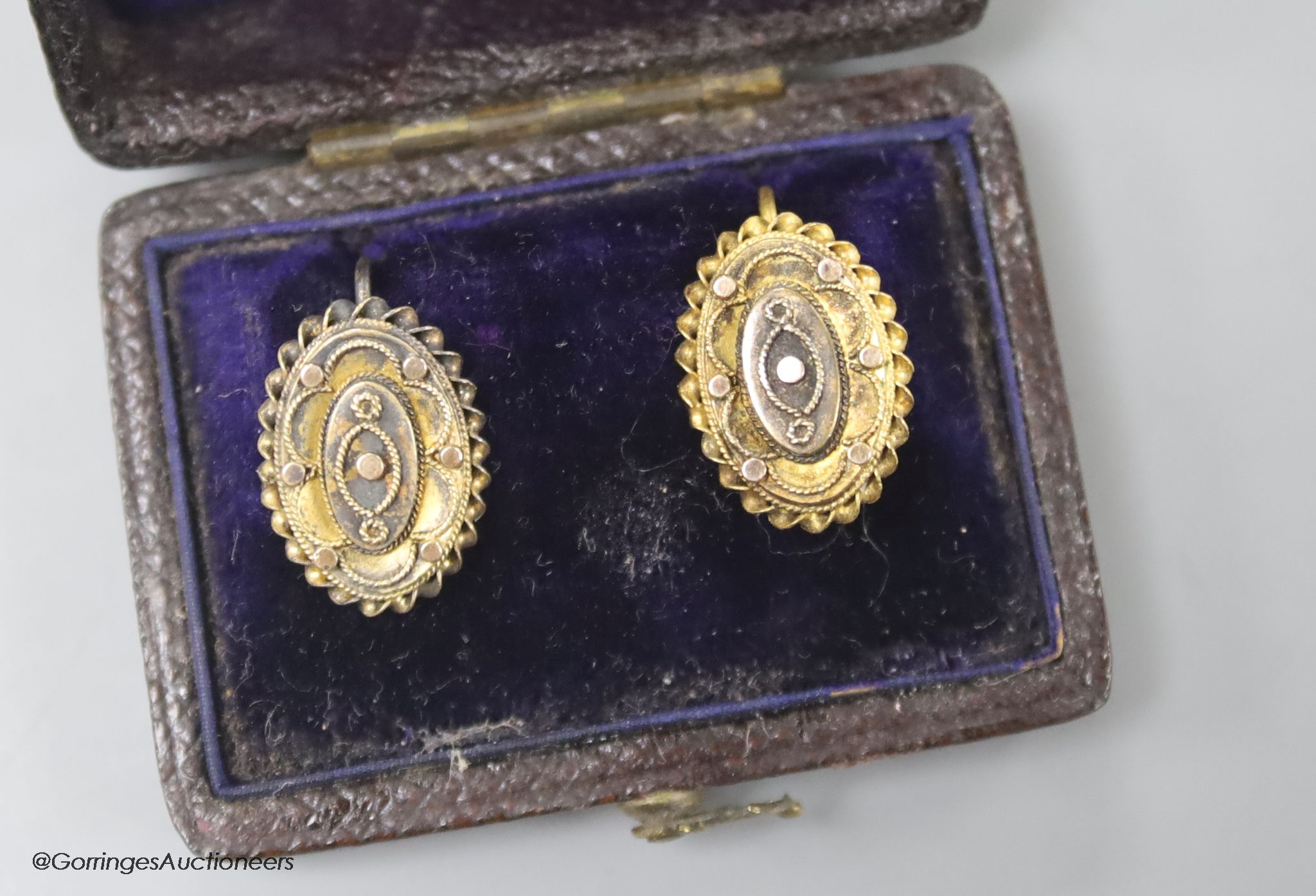 A pair of Victorian yellow metal oval earrings, 16mm, 2.7 grams.